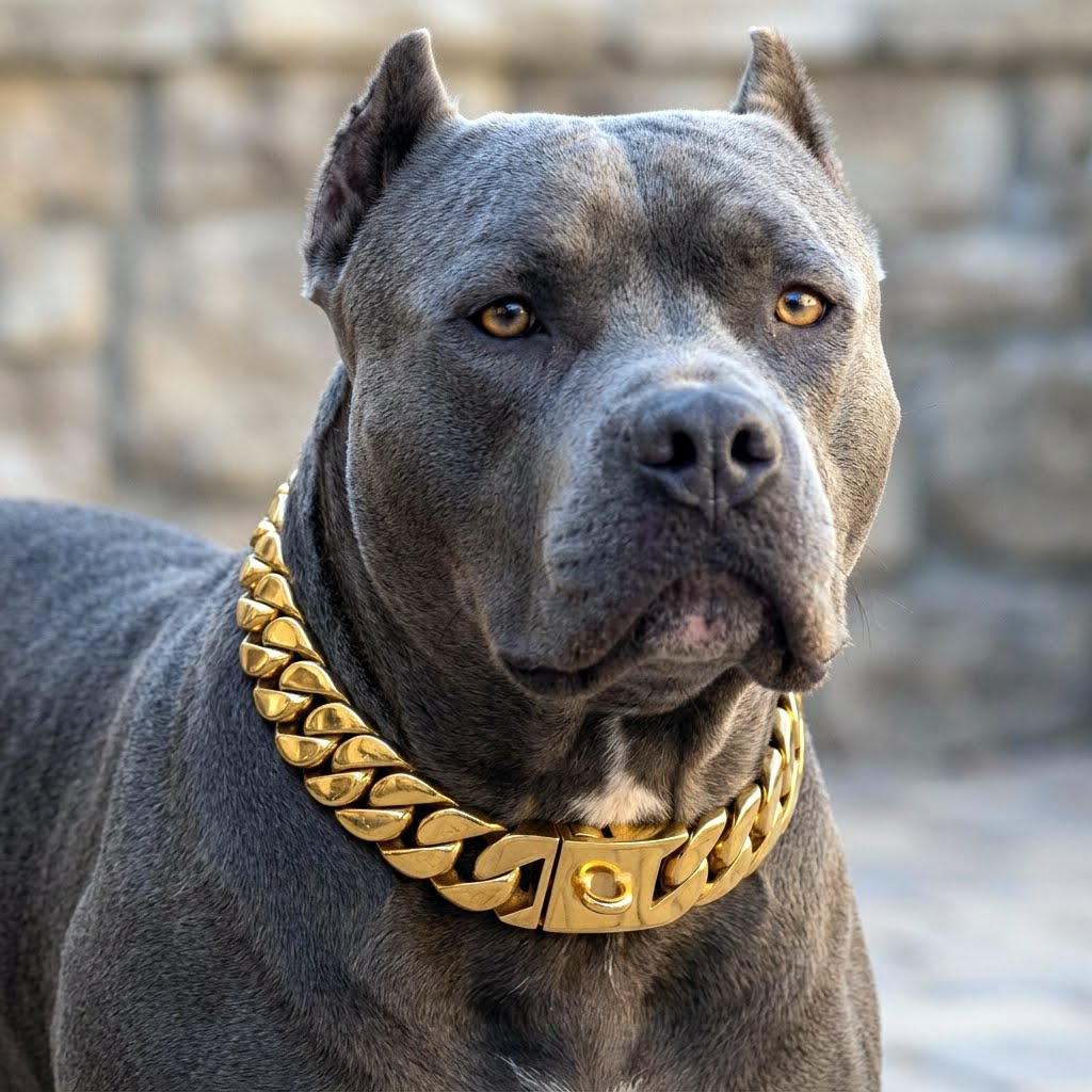 Gold dog chain collar on a pitbull