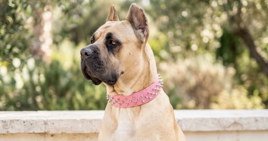 spiked dog collar on a pitbull pink