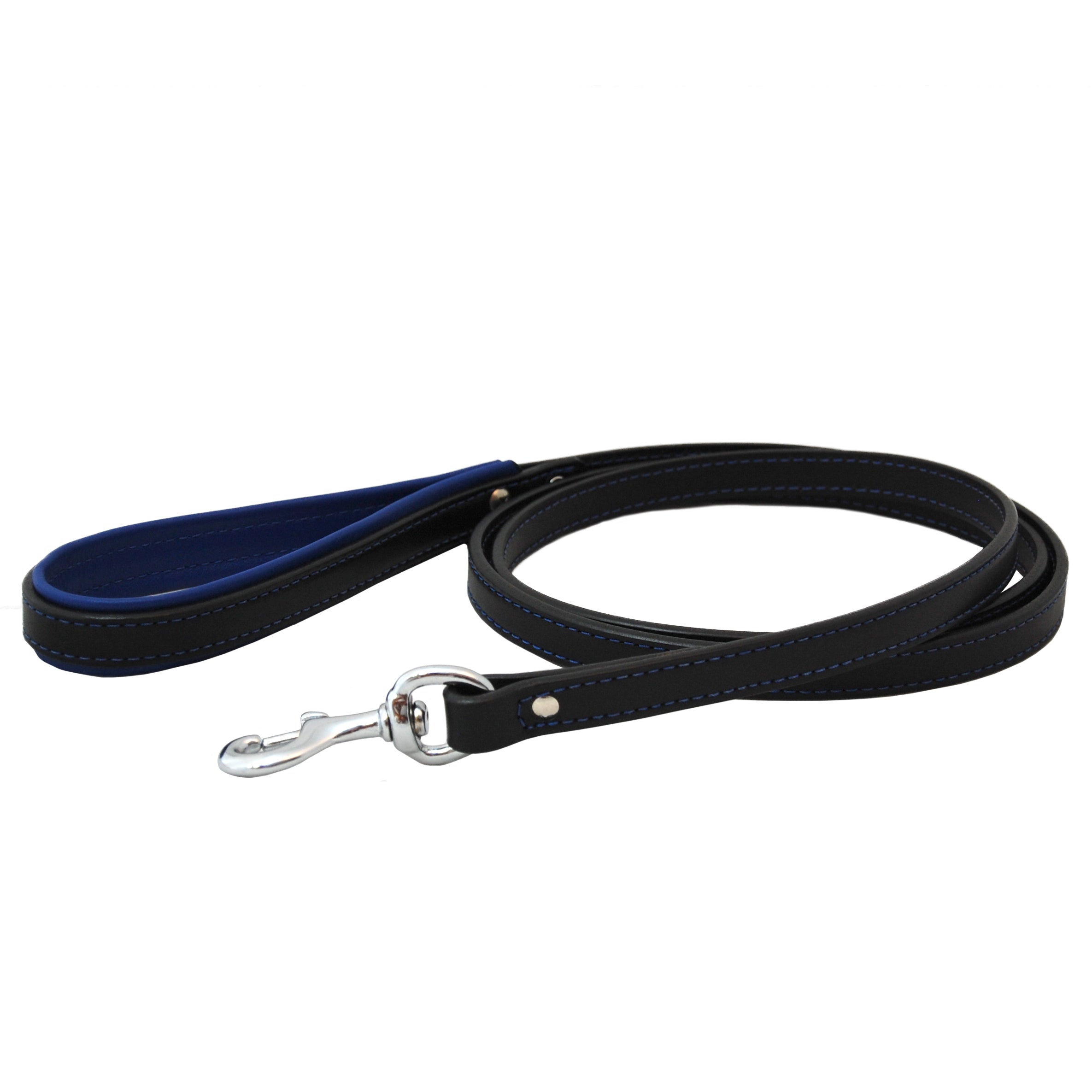 Padded leather dog leash blue