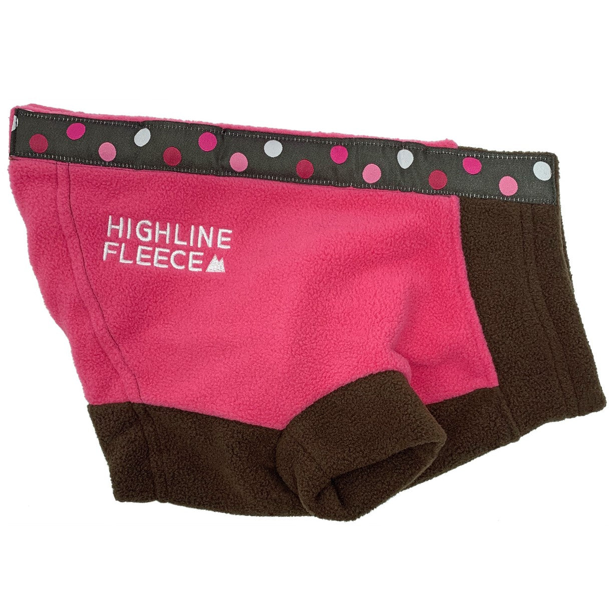 Fleece dog coat for large dogs in pink and  brown with polka dot ribbon velcro closure