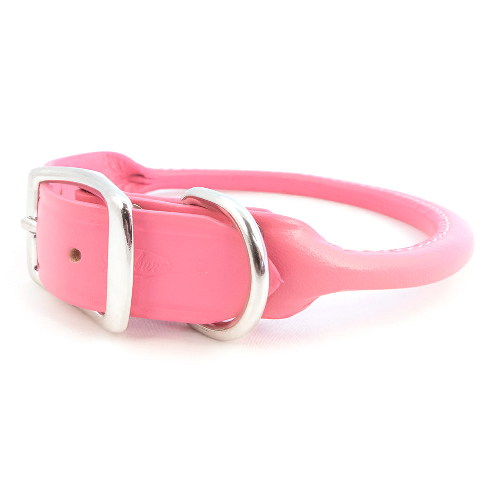 rolled leather pink dog collar